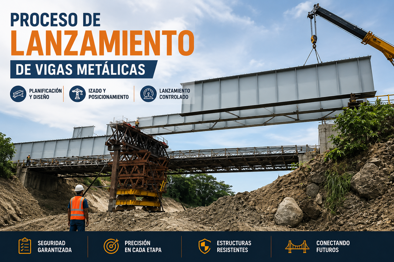 Lanzamiento de vigas metálicas en obra