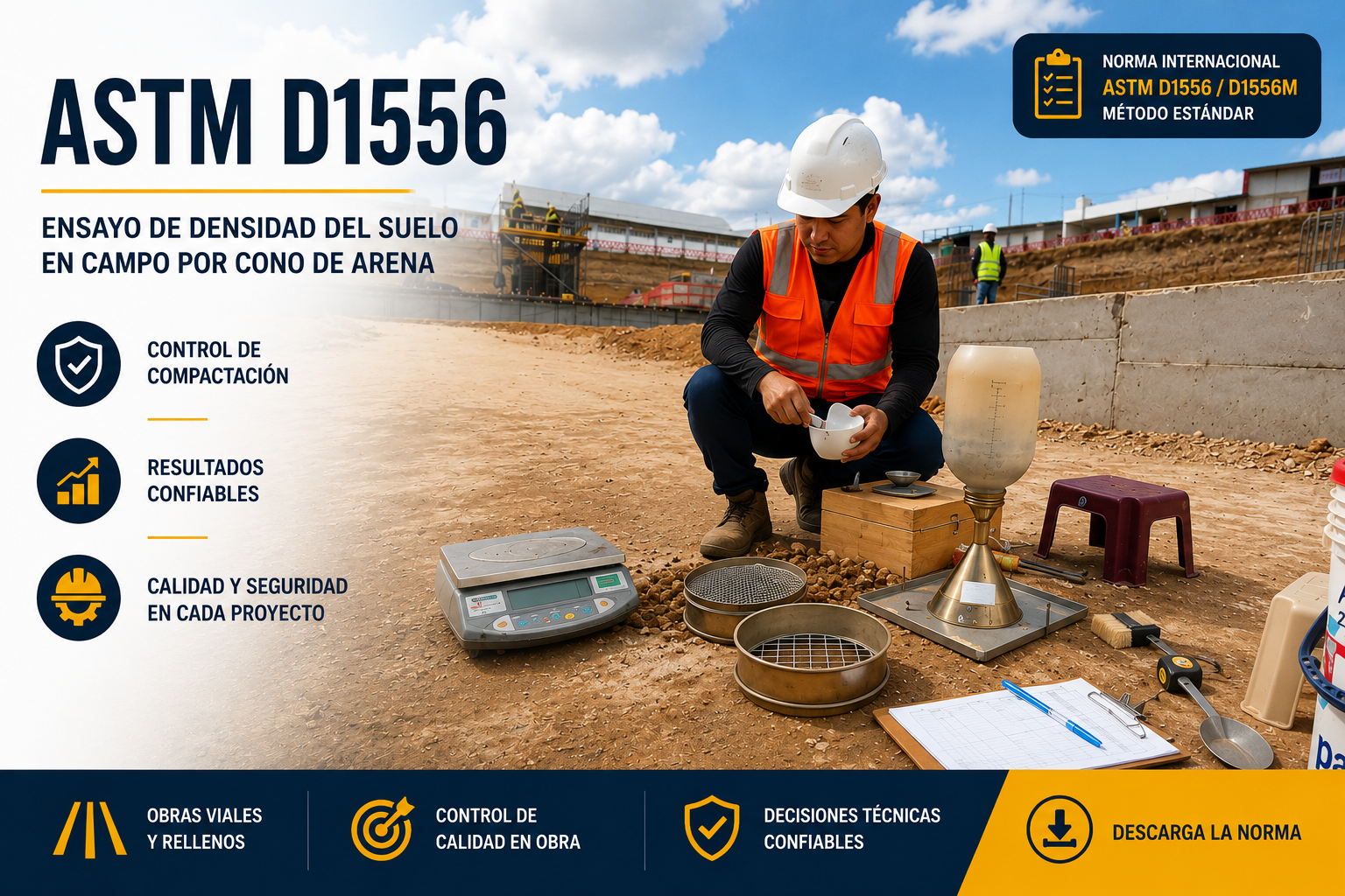 ASTM D1556 Ensayo de Densidad del Suelo por Cono de Arena