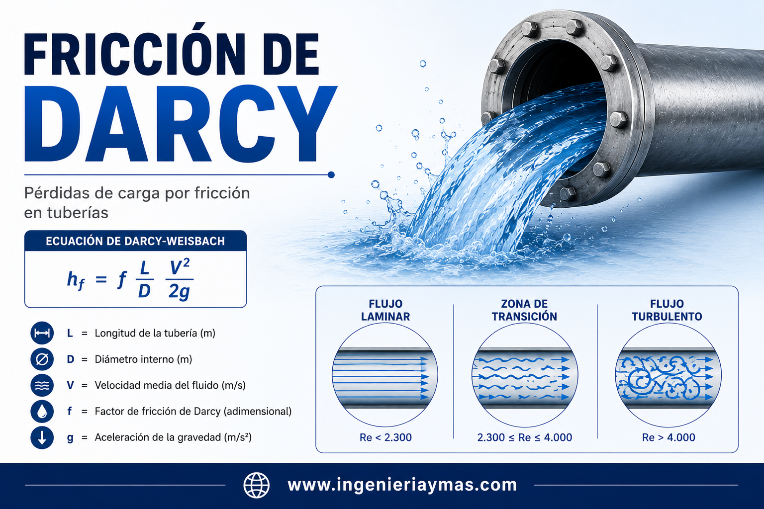Fricción de Darcy y ecuación de Darcy-Weisbach para calcular pérdidas de carga en tuberías.