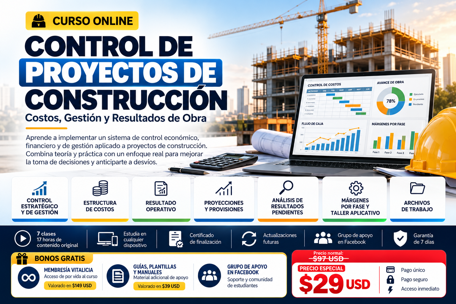 Curso Control de Proyectos de Construcción sobre costos, gestión y resultados de obra