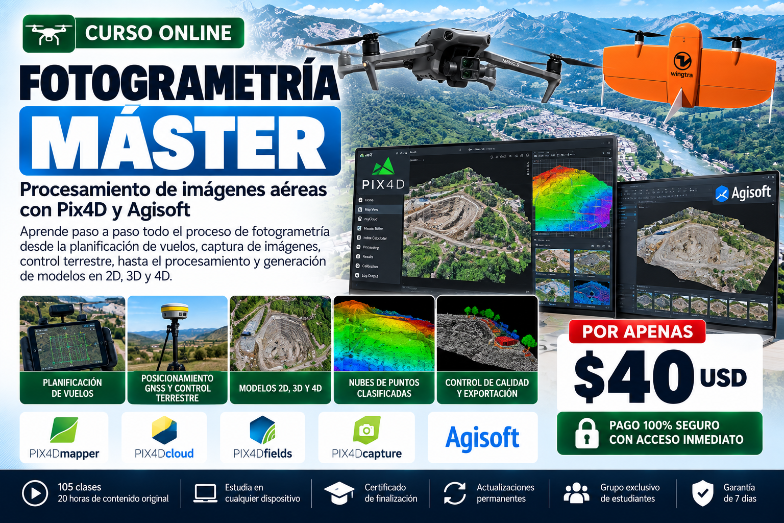 Curso de Fotogrametría con Drones usando Pix4D y Agisoft para procesamiento de imágenes aéreas