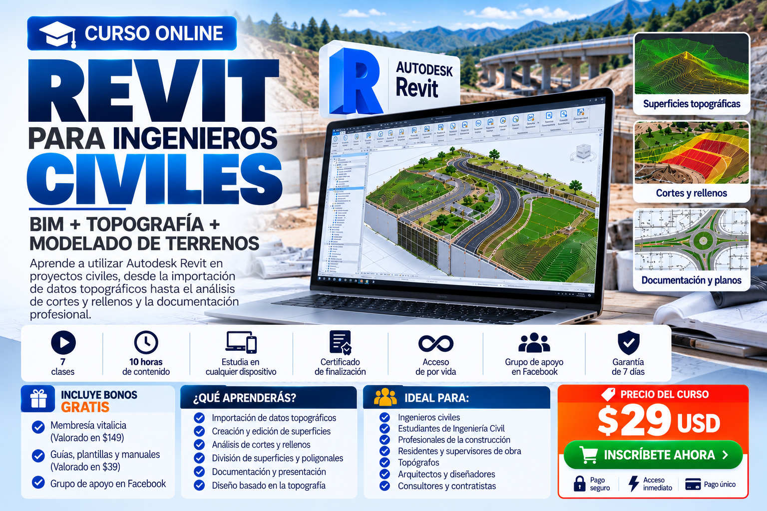 Curso Revit para Ingenieros Civiles con BIM, topografía y modelado de terrenos
