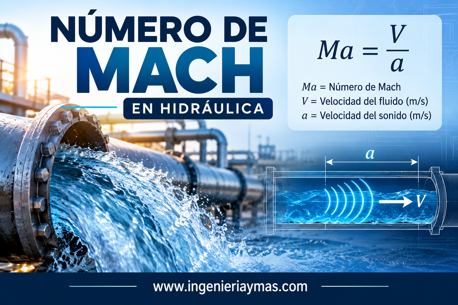 Número de Mach en hidráulica, fórmula Ma = V / a y aplicaciones en tuberías.